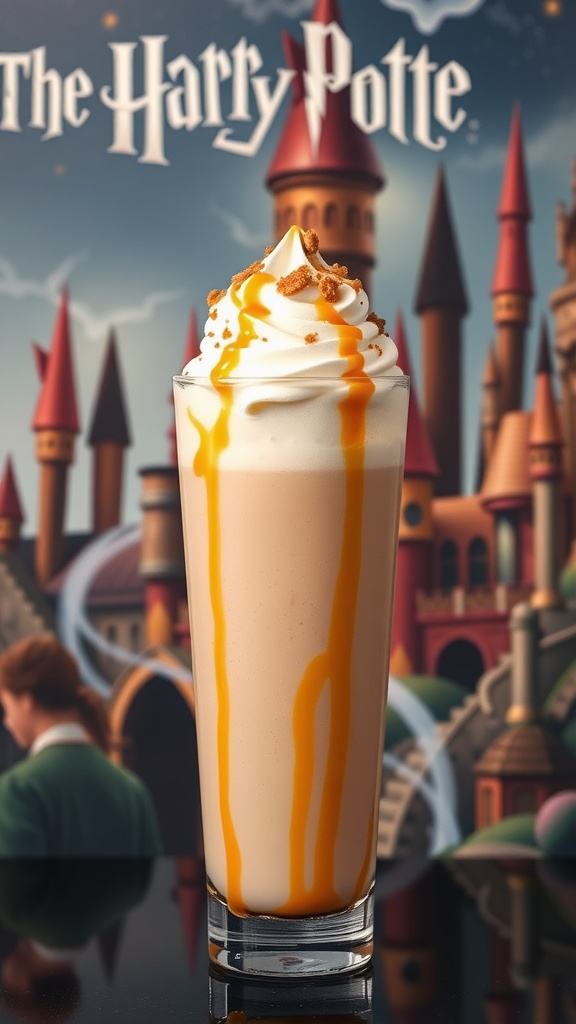 Magical Butterbeer Frappuccino Recipe A Butterbeer Frappuccino with caramel drizzle, whipped cream, and toffee bits on a magical background.